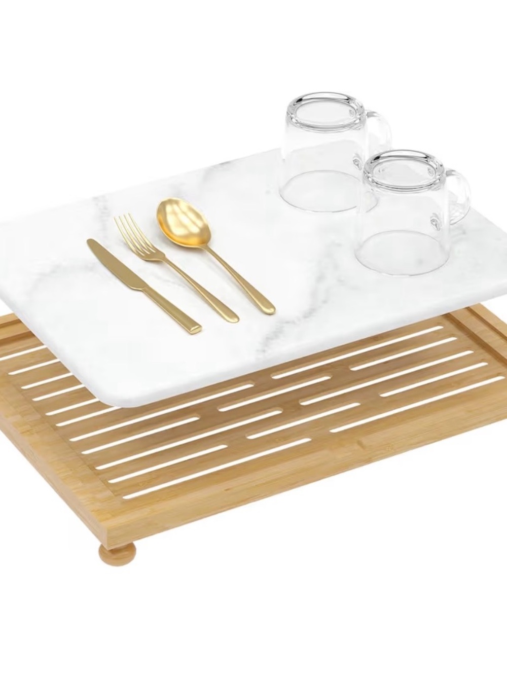 Marble & Bamboo Two-Tier Serving Tray - White and Natural